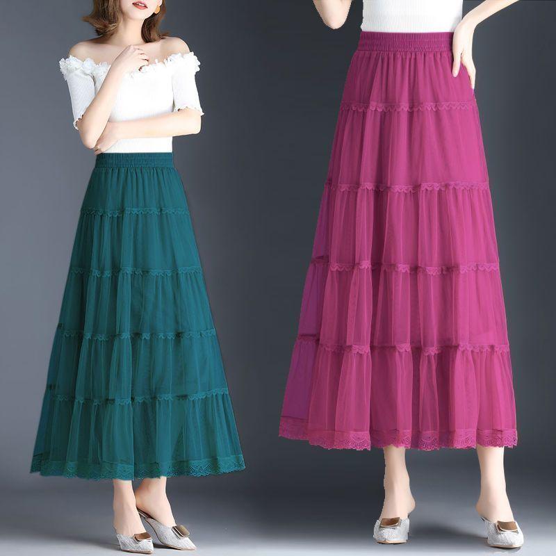 Mesh Half Skirt Autumn Half Skirt Lace Lace Long Skirt A-line Pleated Cake Skirt