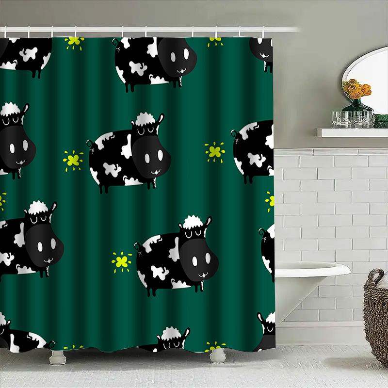 Adorable Farm Animal Shower Curtain Set Black Sheep Pattern Green Background With White Patches For Bathroom Decor