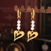 Titanium Steel 18k Gold Plated Heart Earrings with Cross Tassel and Imitation Pearl
