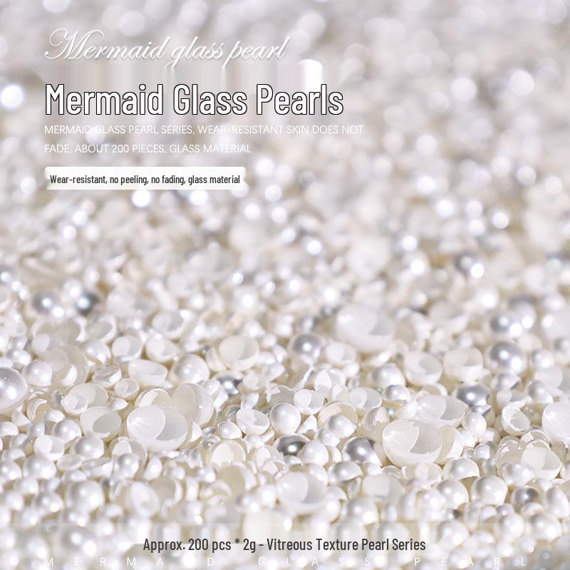 Crystal Glass & Pearl Nail Art Decorations - High Gloss, Flat Back, Off-White Semi-Circular Style