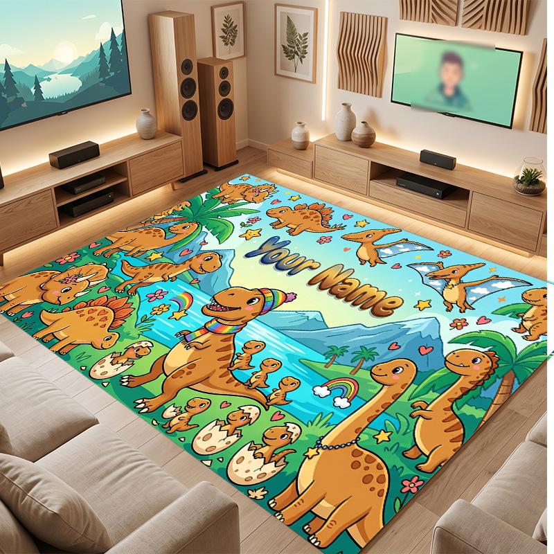 Dinosaur Theme Soft Crystal Velvet Rug Custom Name & Text Print Non Slip Floor Rug for Bedroom Living Room