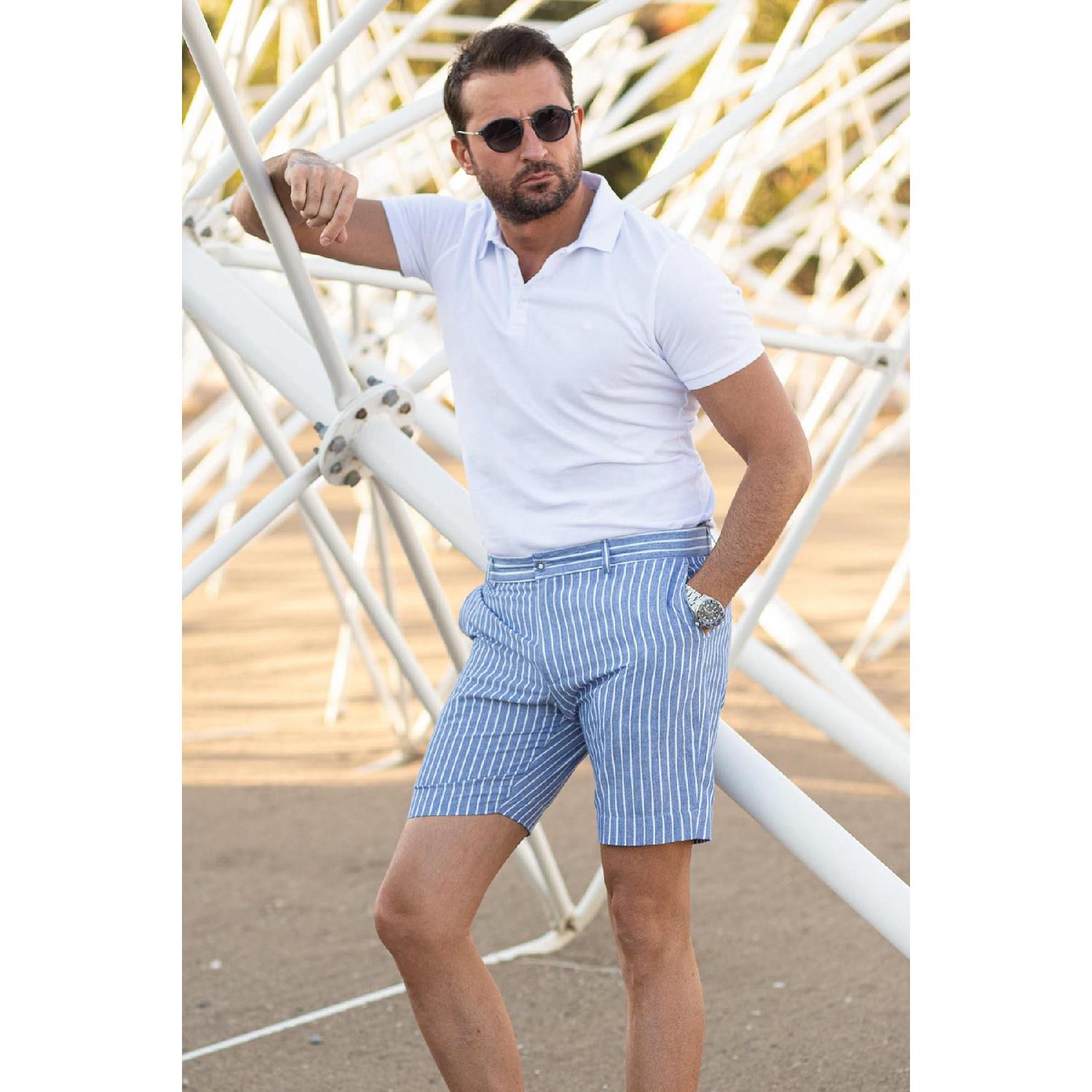 

Striped Saks Color Super Slim Fit Linen Men s Shorts 30 синій