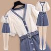 Fashionable Summer Women Dress Small Fragrance Style Lace Patchwork Denim V-Neck Unique Design