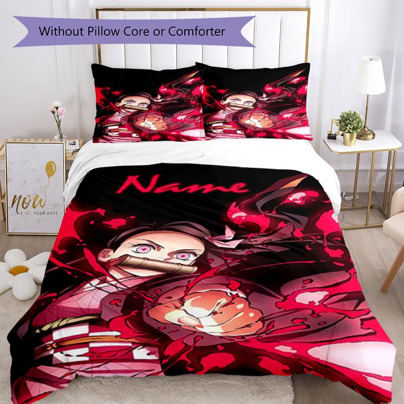 3pcs Custom Name Demon Slayer Bedding Set Duvet Cover Closure Includes 1 Duvet Cover & 2 Pillowcases, Soft and Comfortable for All Seasons.