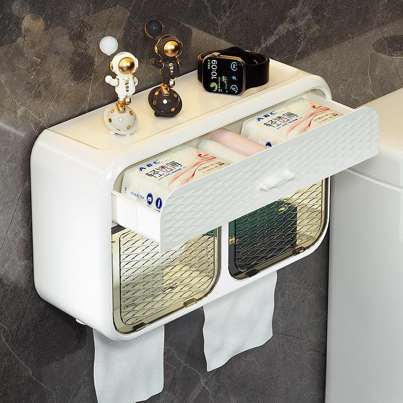 Super large capacity tissue holder with double door toilet paper storage rack wall mounted perforated paper drawer box