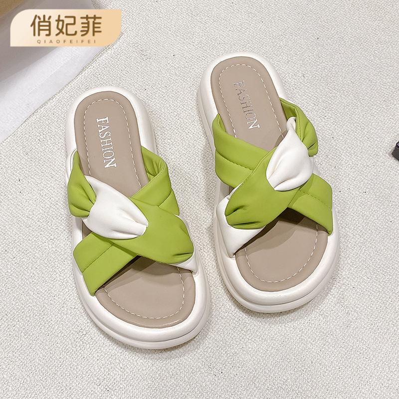 

Outdoor thick-bottomed cool slippers women s summer new fashion high-end muffin cross summer beach slippers 35 зелений