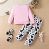 Little Girl 2PCS Set 1-8 Years Old Pink Sweatshirt and Cow Print Long Pants Kids Casual Daily Wear or Pajamas Set