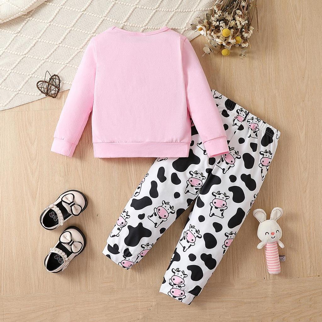 Little Girl 2PCS Set 1-8 Years Old Pink Sweatshirt and Cow Print Long Pants Kids Casual Daily Wear or Pajamas Set