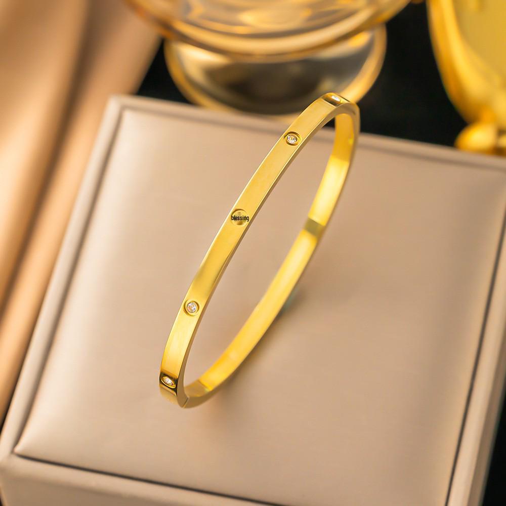 Bracciale da donna in acciaio al titanio con diamanti, placcato oro, non sbiadisce, intarsio di zirconi, alta gamma, semplice, versatile gioiello in acciaio inossidabile