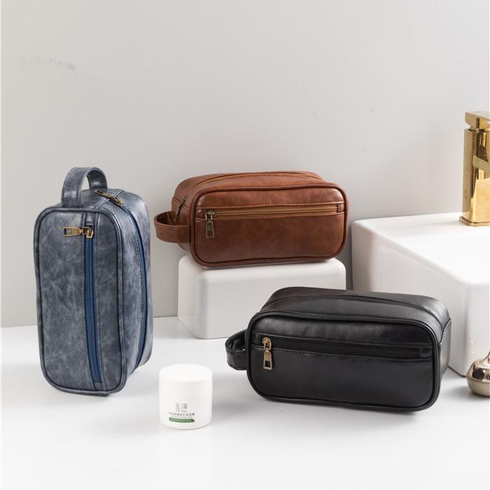 Men's Luxury PU Leather Makeup Bag - Large Capacity, Handheld, Elegant Wash Bag