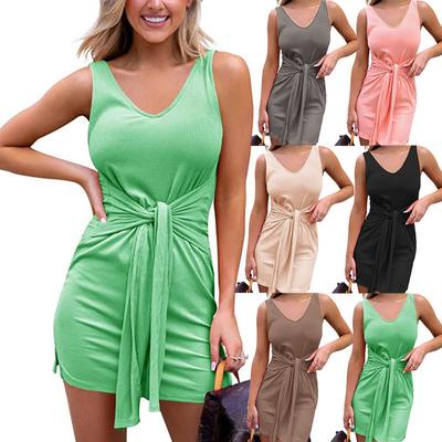 Summer Women's Dress New Thread Tie Mini Dress Casual Solid Color Women's Wear
