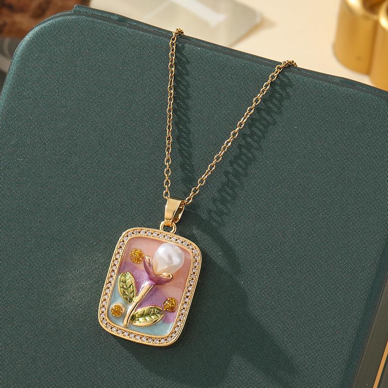 Monet-Inspired Flower Pendant Necklace, Hand-Painted, High-End Stainless Steel Clavicle Chain, New Chinese Style