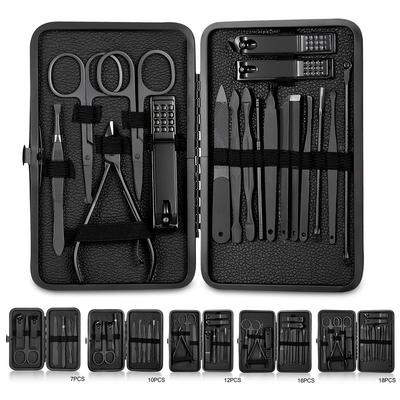 7/10/12/16/18Pcs Schwarz Maniküre Set Nagel Clipper Hand Fuß Gesicht Pflege Edelstahl zubehör Edelstahl