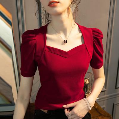 Woman's Clothing Spring Summer Style Basic T-Shirts Tops Lady Slim Short Puff Sleeve Square Collar Blouse Tops