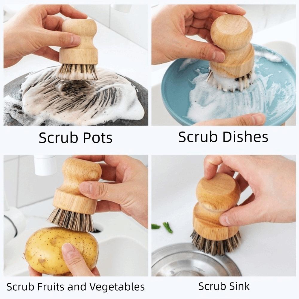 Wooden Handle Dish Scrub Brushes Handheld Scrubbing Brush Cleaning Scrubbers  for Bowls Plates Pot