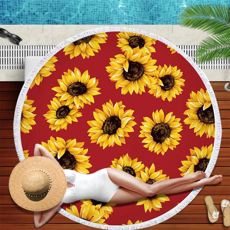 Serviette de plage Marguerites Pompons Ronde Séchage Rapide Extérieur Été Couverture de Mer Tournesol Plante Kawaii Tapis de Plage Tapis de Yoga Pique-nique