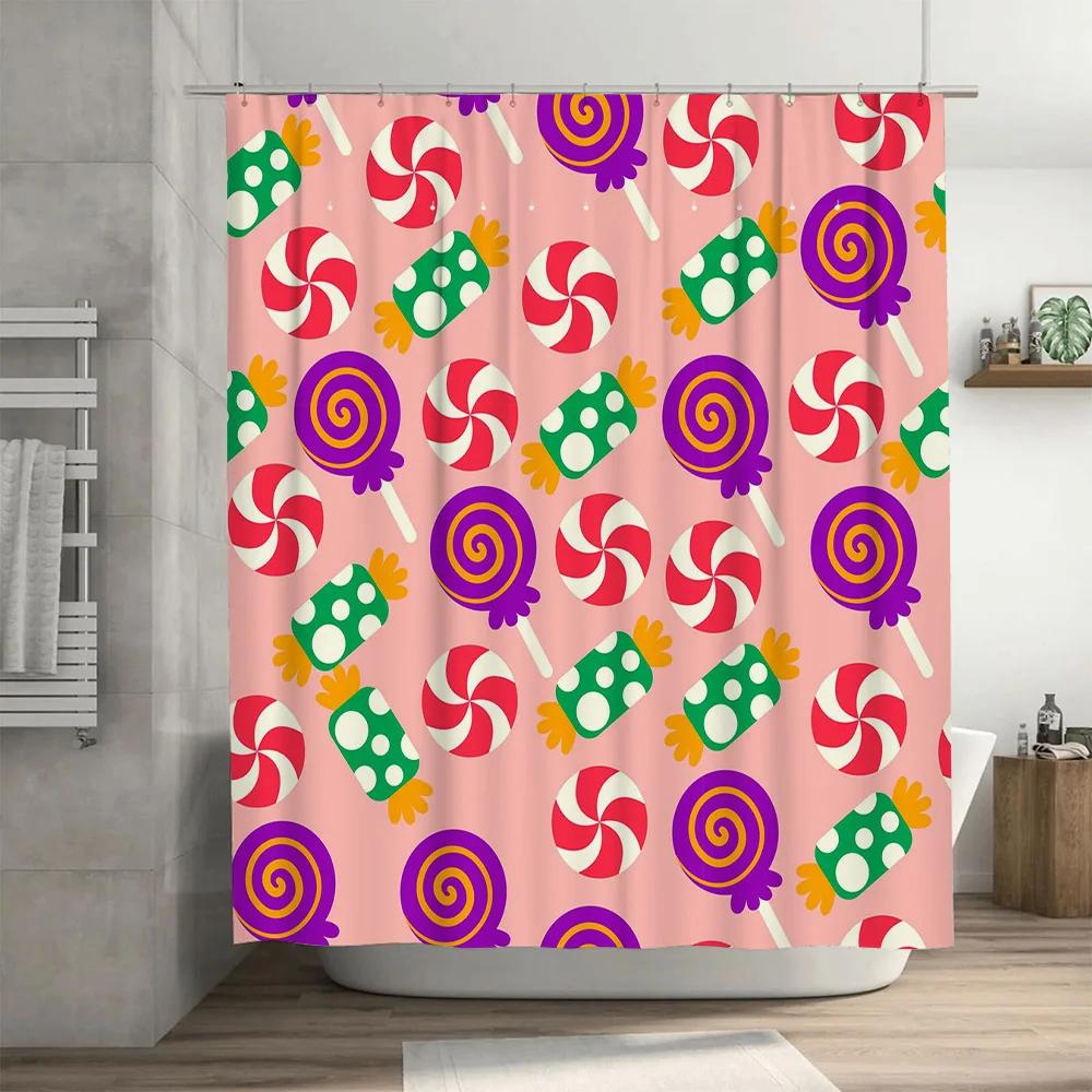 Bright Candy Print Shower Curtain Waterproof Bathroom Decor For Kids Room Polyester Fabric With Grommets Rings Set