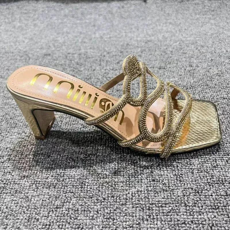

Тапочки со стразами, летние босоножки с квадратным каблуком, сексуальные туфли для рождественской вечеринки, женские туфли больших размеров с квадратным носком 36 золотой