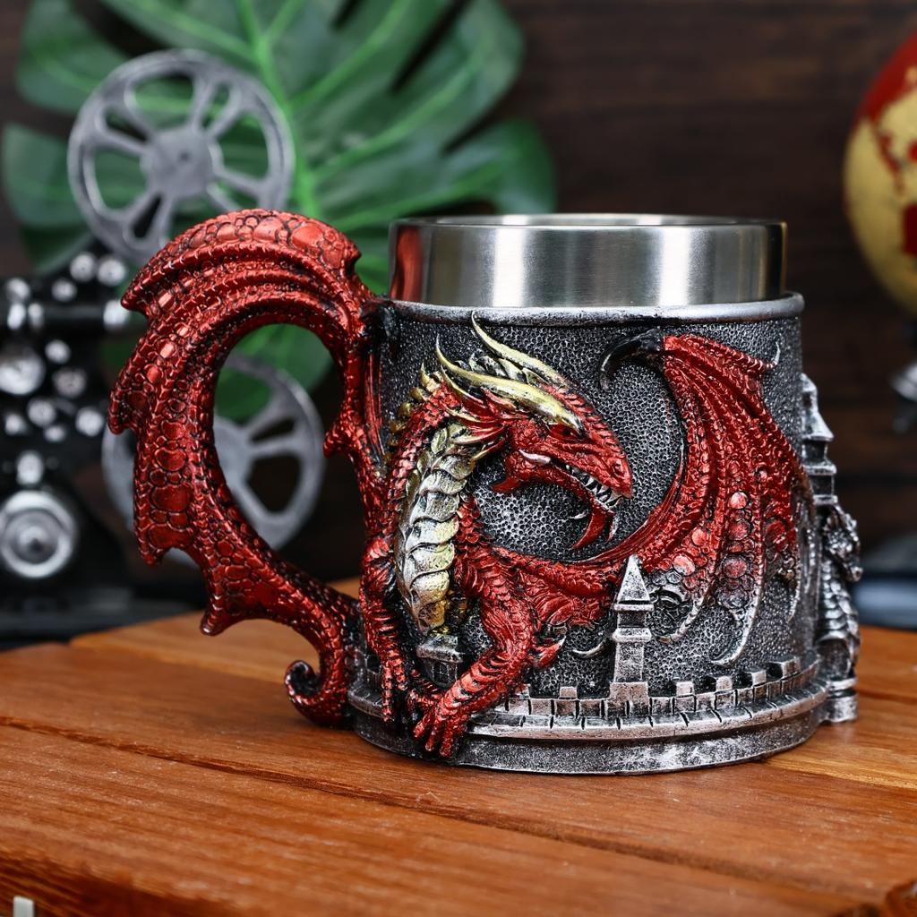 Western Monster Dragon Mark Coffee Cup, Stainless Steel Dragon Statue Water Cup, 3D Castle Guardian Dragon Beer Cup