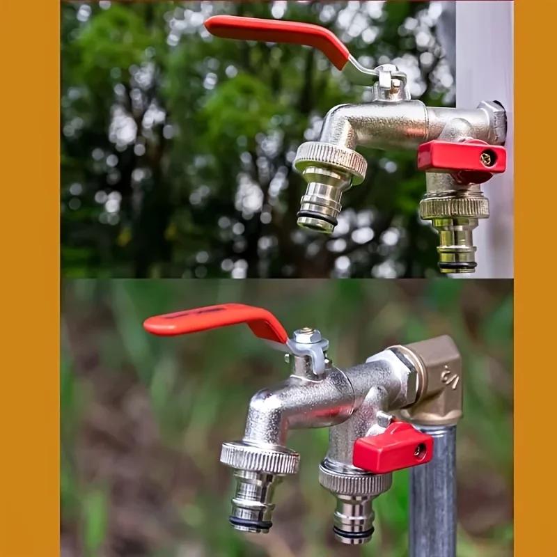 Double Head Outdoor Garden Water Faucet 1 Inlet 2 Outlet Irrigation Zinc Alloy Faucet Splitter with Nipple and Balcony Faucet