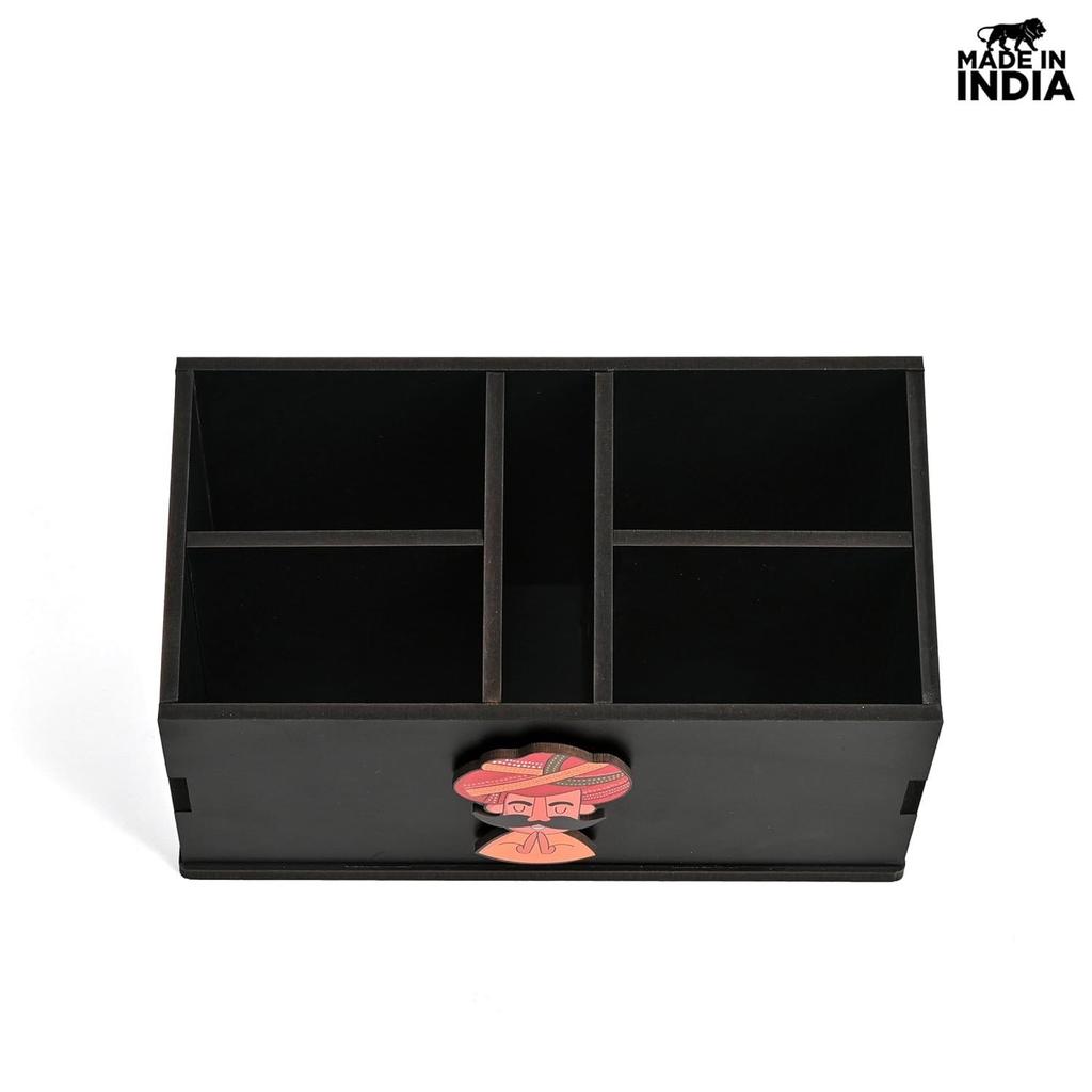 Stand with 5 Sections  Wooden Remote Holder for Living Room, TV, and AC | Stationary Organizer | 5 In 1 | Ideal for Home and Office (Black Rajasthan)