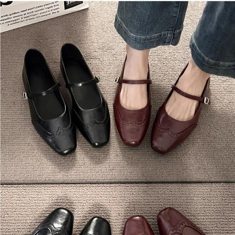 Fashion New Retro Shoes Women Shallow Fashion Buckle Strap Bean Dress Flat Mary Janes Shoes Solid Flat Low Heels Zapatos