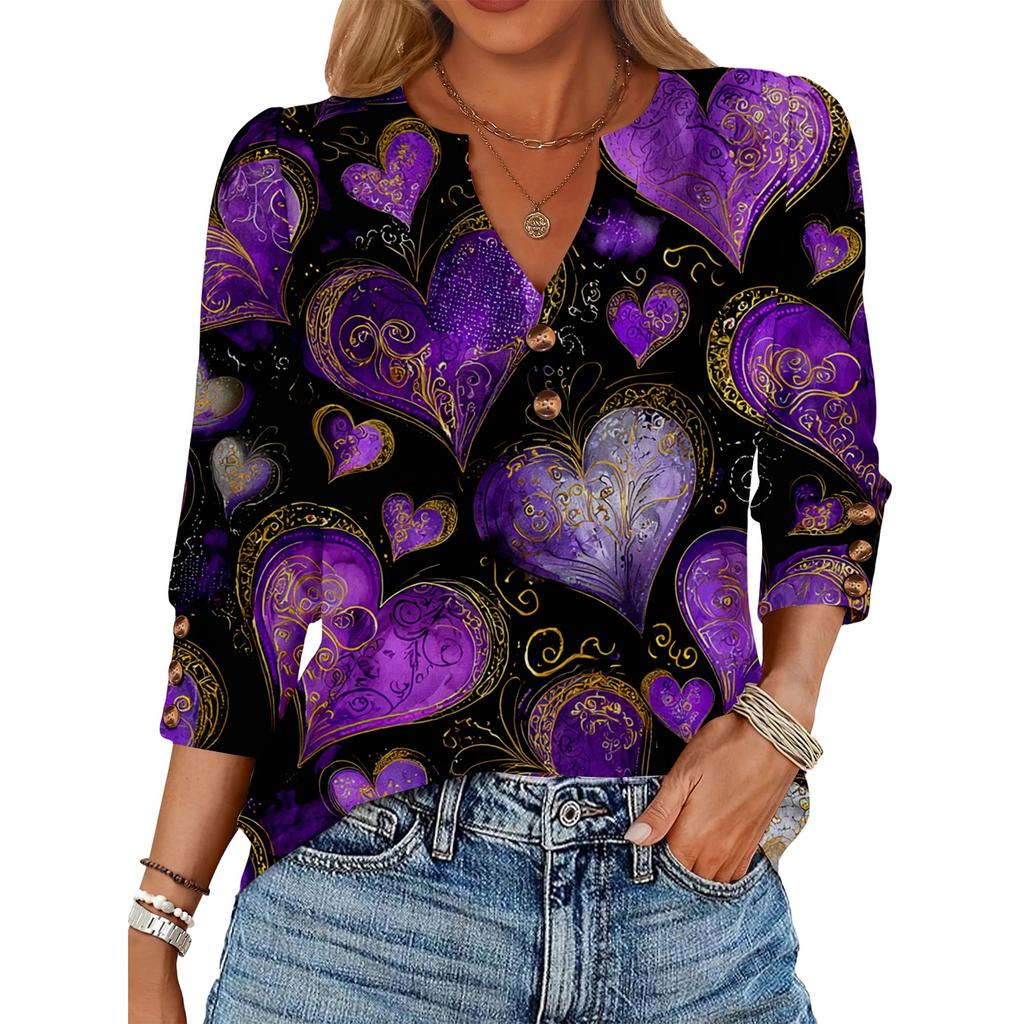 Women's Loose 7-inch Sleeve Top with Heart Print