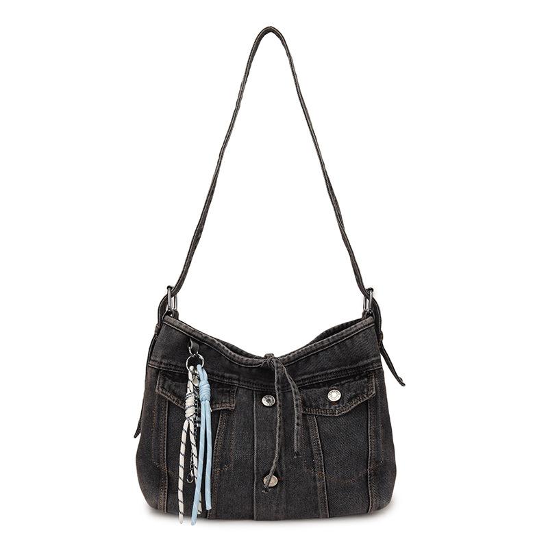 

Retro Spice Girl Washed Denim Bag 2025 New Fashion Versatile Button Shoulder Crossbody Bag Large Capacity Tote Bag 30*12*24 чёрный