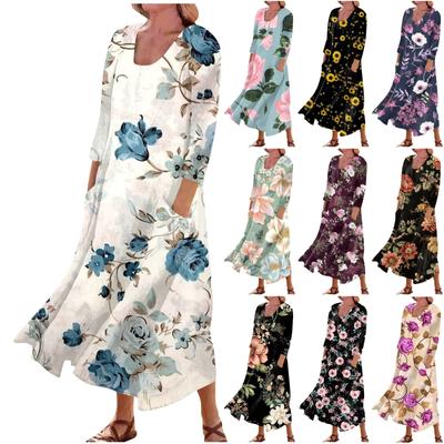 Women's Casual Comfortable Floral Print Three Quarter Sleeves Cotton Pocket Dress