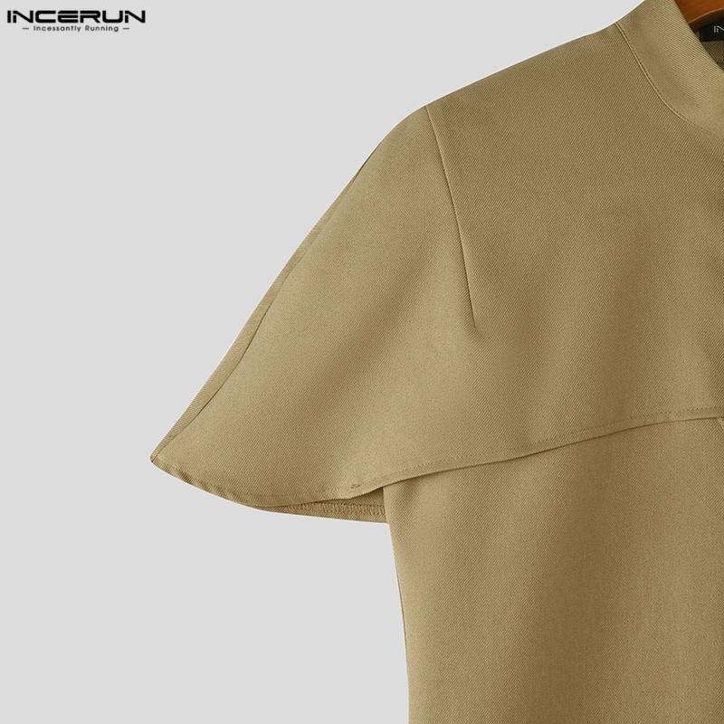 INCERUN Men Stand Neck Short Sleeve Buttons Side Splits Irregular Shirts Tops