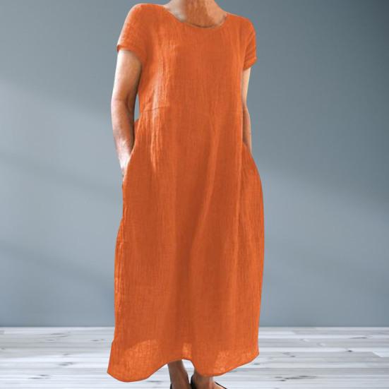 Damenkleid, locker sitzend, Rundhalsausschnitt, einfarbig, kurze Ärmel, maschinenwaschbar, dekoratives Rundhalskleid aus Baumwollflachs