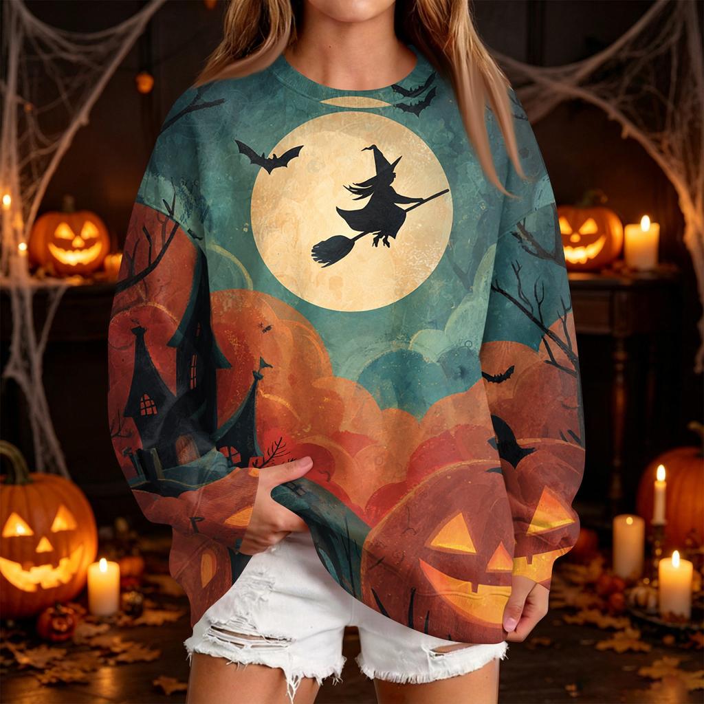 Women's Casual Round Neck Sweatshirt with Halloween Print, Long Sleeve Pullover for Festivals