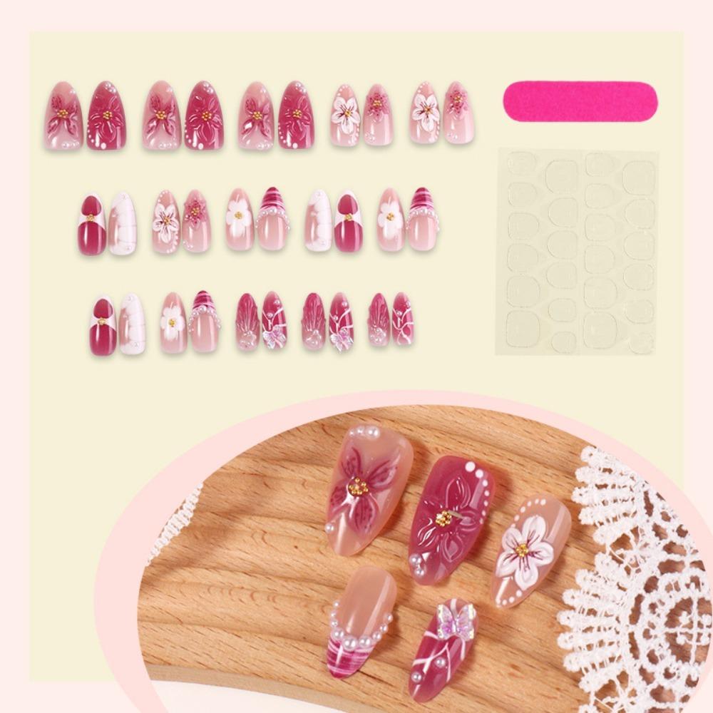 

3D Flower Press-on Nails Almond-shaped Long Nail Sticker Artificial Nail Tips Women and Girls розовый