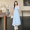 Large size summer new fashion versatile temperament lace splicing dress foreign style waist cover meat show thin long skirt