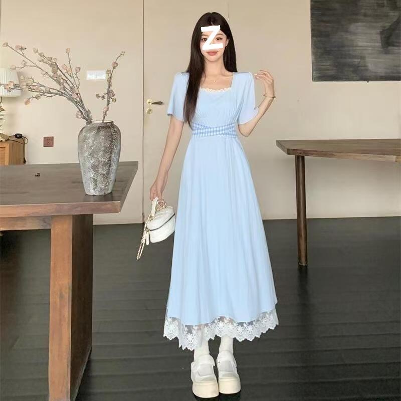 Large size summer new fashion versatile temperament lace splicing dress foreign style waist cover meat show thin long skirt