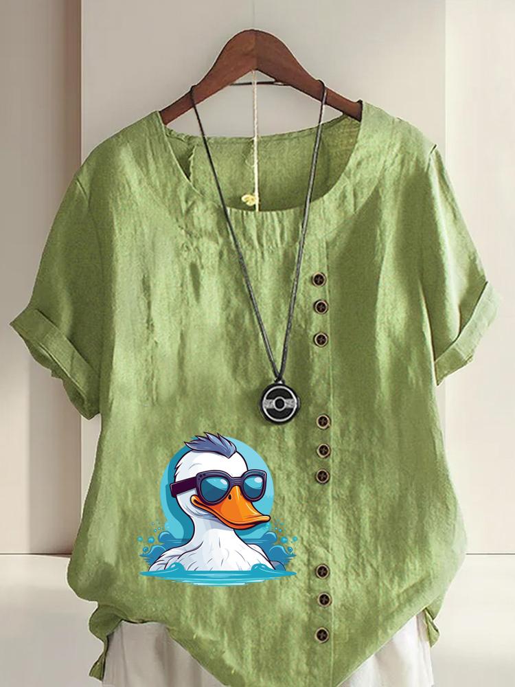Women's Fashion Cool White Duck Print Casual Cotton Linen Short Sleeve Round Neck T-shirt Shirt Leisure Loose Summer Blouse Tops