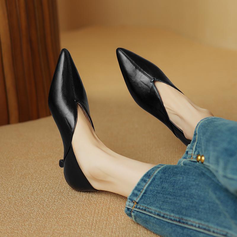 Fashion 2024 Spring New Split Leather Women Shoes LEISURE Women Slip-On Pumps High Heels Pointed Toe Heels Shoes Office Ladies Shoes