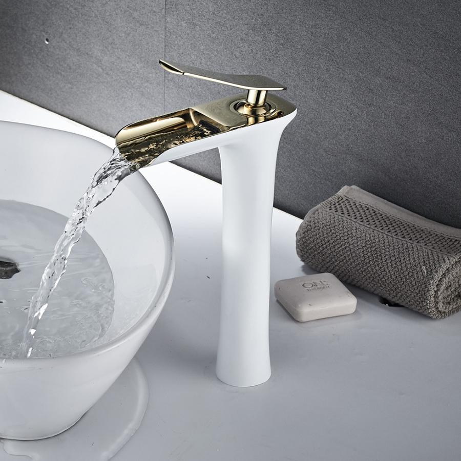 White and Gold Tall Size Deck Mounted Lavatory Faucet Hot Cold Waterfall Mixer Single Handle Bathroom Wash Basin Faucet