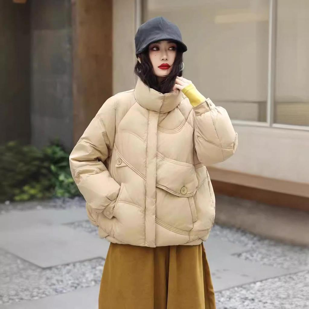 2024 Winter Women's Casual Retro Loose Stand Collar Patchwork White Duck Down Jacket