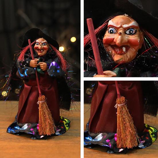 Halloween Witch Doll Standing Witch Figure Holding Broomstick Desktop Spooky Witch Figurine for Halloween Party Mantel Dining Table Decor