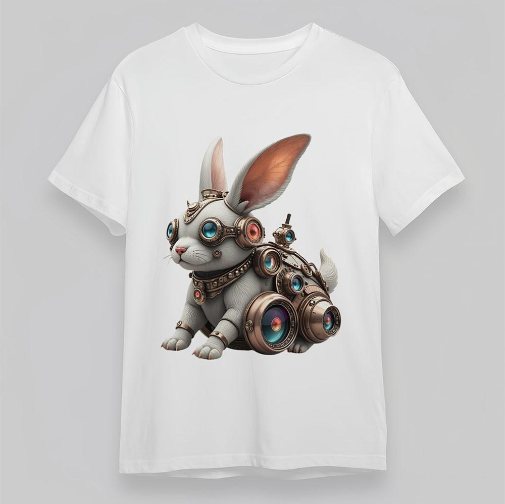 

Women s T-Shirt Steampunk Rabbit Metallic Gears Tee Cotton Short Oversize White L
