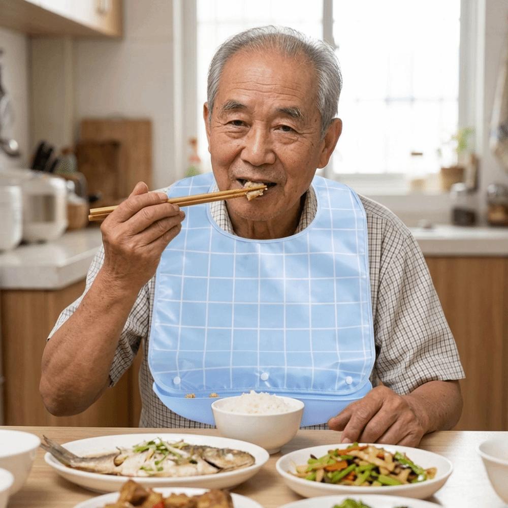 Plaid Pattern Elderly Bib Waterproof Eating Smock Easy Clean Mealtime Bib  Elderly Care