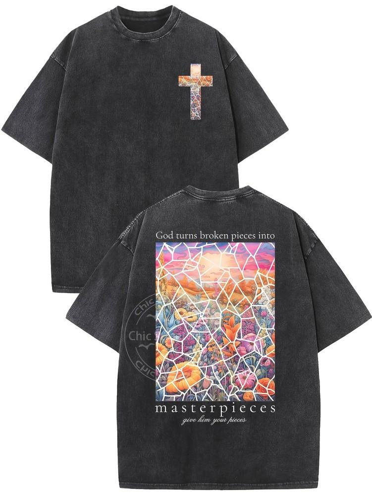 Men s Vintage Washed Cotton T-Shirt - Double-Sided Graphic Print God Turns Broke Unisex T-Shirt XXL