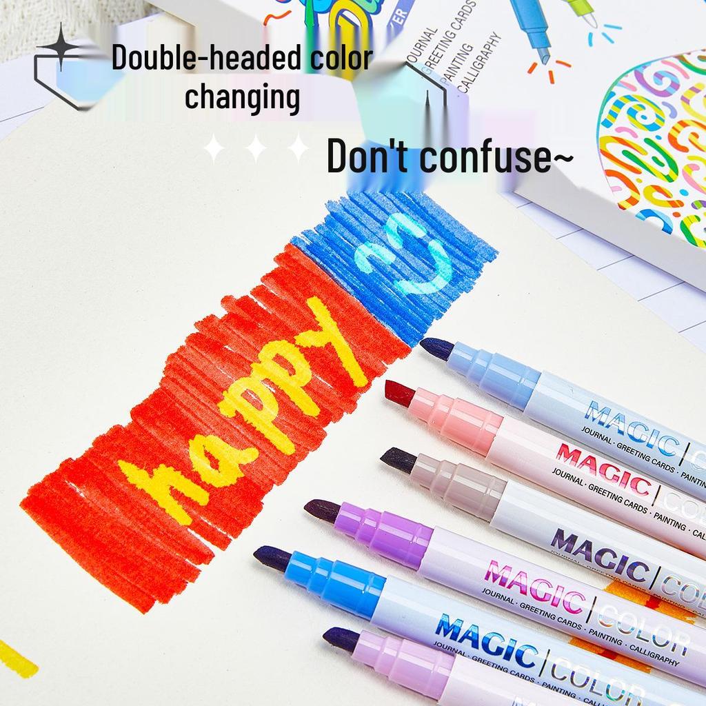 Color-Changing Double-Ended Fluorescent Markers - 12 Colors, Eye-Friendly Watercolor Pens for Students