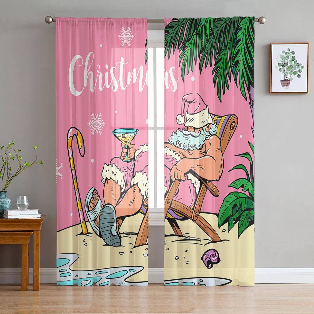 Rosa Weihnachtsbaum Schneeflocke Weihnachtsmann Tüllvorhänge für Wohnzimmer Schlafzimmer Dekor Chiffon Transparent Voile Küchenfenstervorhänge