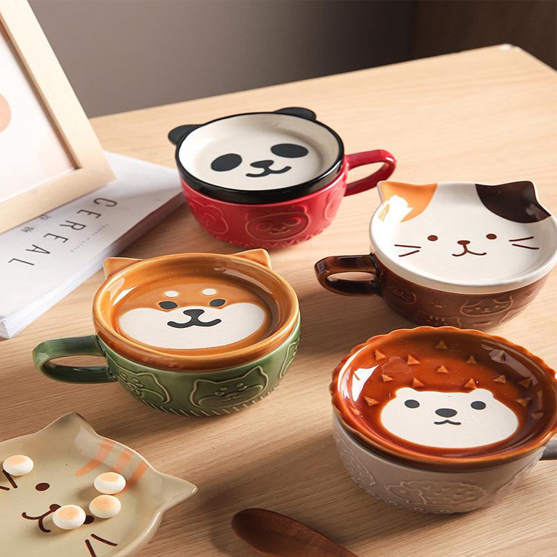 Cartoon Shiba Inu Katze Igel Deckeltasse Niedlich Relief Hoch-Hübsch Kaffeetasse Keramiktasse Milch Frühstückstasse