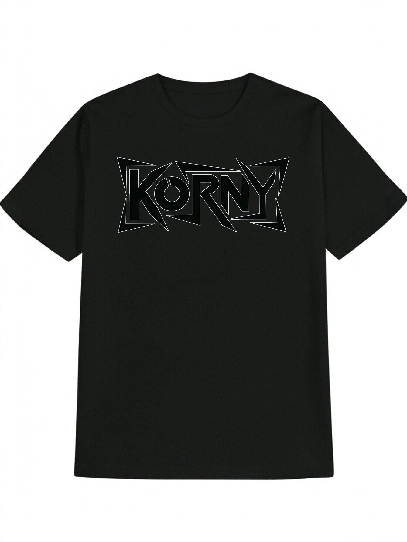 

Casual Crew Neck T-shirt with Bold KornY Letter Print - Black XXXL