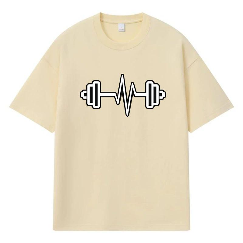 

2026 Gym Dumbbell with Heartbeat Line Y2k Harajuku Street Trend 100% Cotton T Shirt Casual Oversized Summer Men T-shirt XXXL хакі