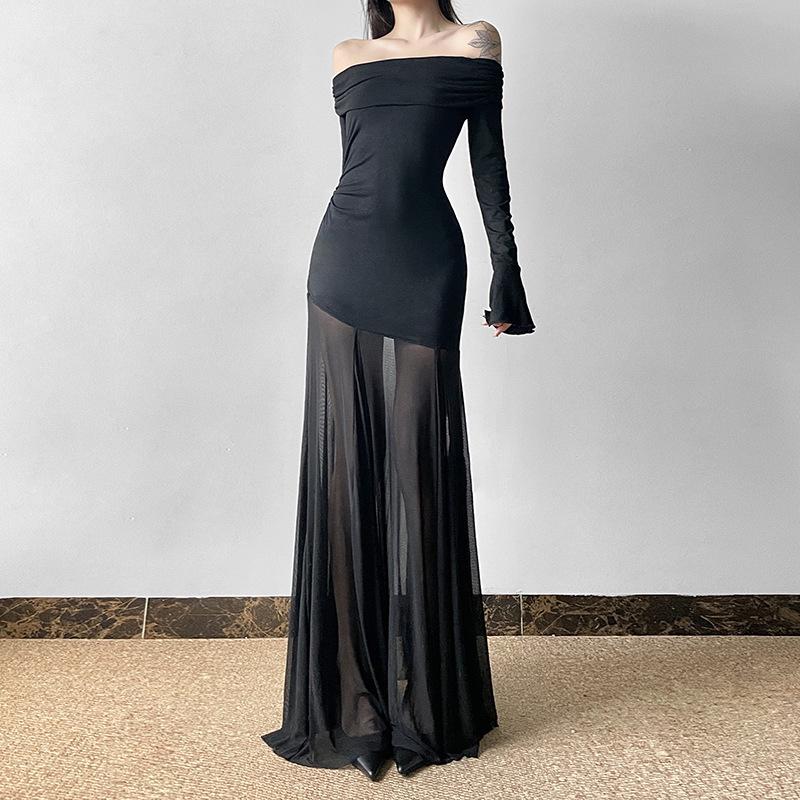 Chic Mesh Splicing One-Shoulder Trumpet Sleeve Dress