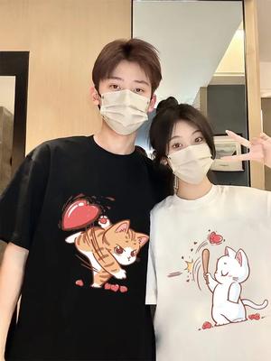 Interesting Cat Love Print T-shirts for Couple Matching Stuff  Men Women Casual Loose Short Sleeve Tshirt Top Women Clothes